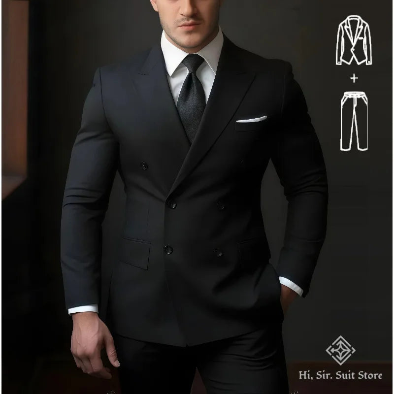 Slim-fit men's double-breasted blazer and dress pants suit set, ideal for wedding, reunion, or formal occasions.