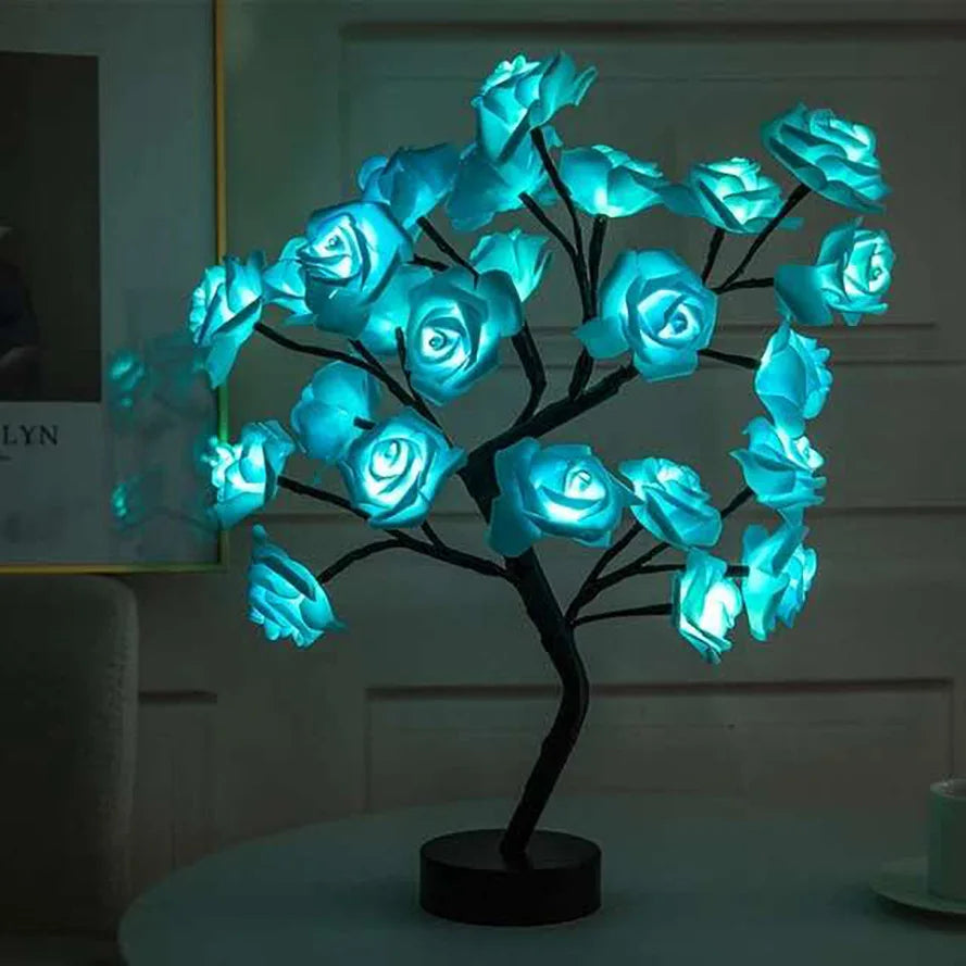 Rose tree table lamp with 24 LED fairy flowers, USB night light, decorative and warm glow for cozy home lighting.
