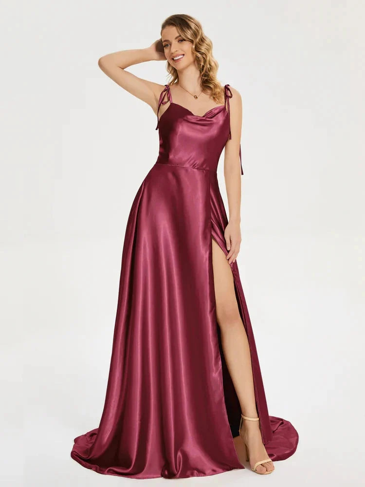 SHOWLU FASHION STORE satin bridesmaid dress with cowl neck, leg slit, and A-line silhouette, perfect for elegant wedding events.
