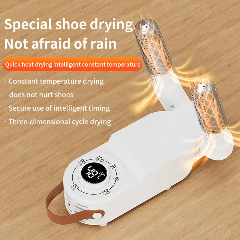 Showlu Smart Electric Shoe Dryer with 150W power, portable design, deodorizer feature, and timer for quick, efficient drying.