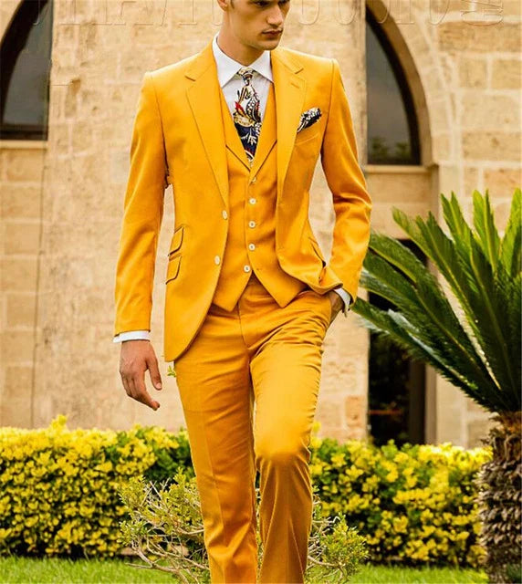 Men's 3-piece skinny fit suit with notch lapel, wool blend fabric, shown in dark color, tailored for a modern, slim silhouette.
