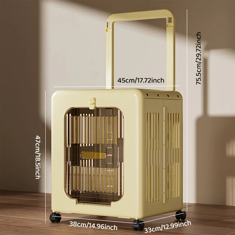 A beige portable folding pet carrier with a retractable handle and wheels.