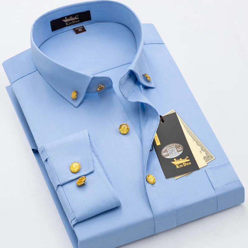 Men's luxury brass button long sleeve business casual shirt from Showlu Fashion, ironing resistant office work shirt in spring and autumn style