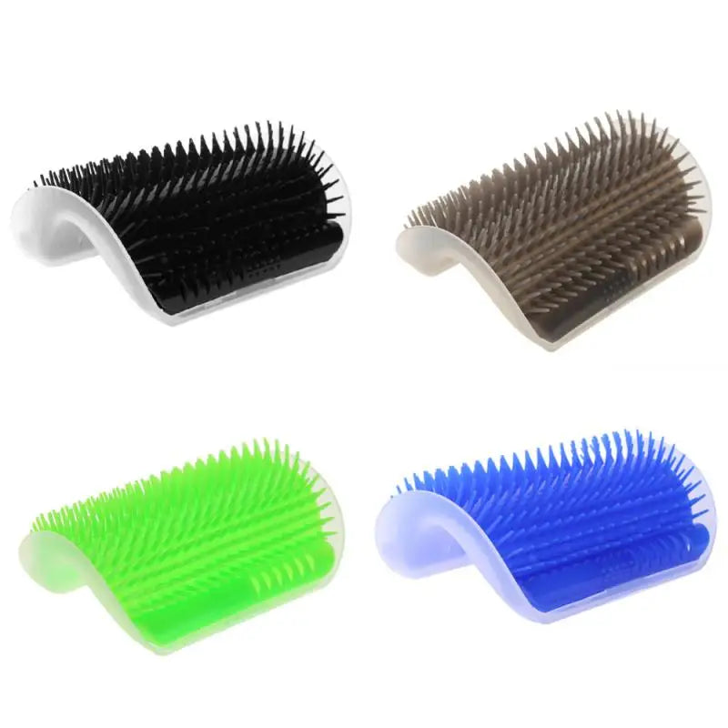 Cat self groomer with soft comb, catnip, and wall corner design, used for massage and grooming pet cats.