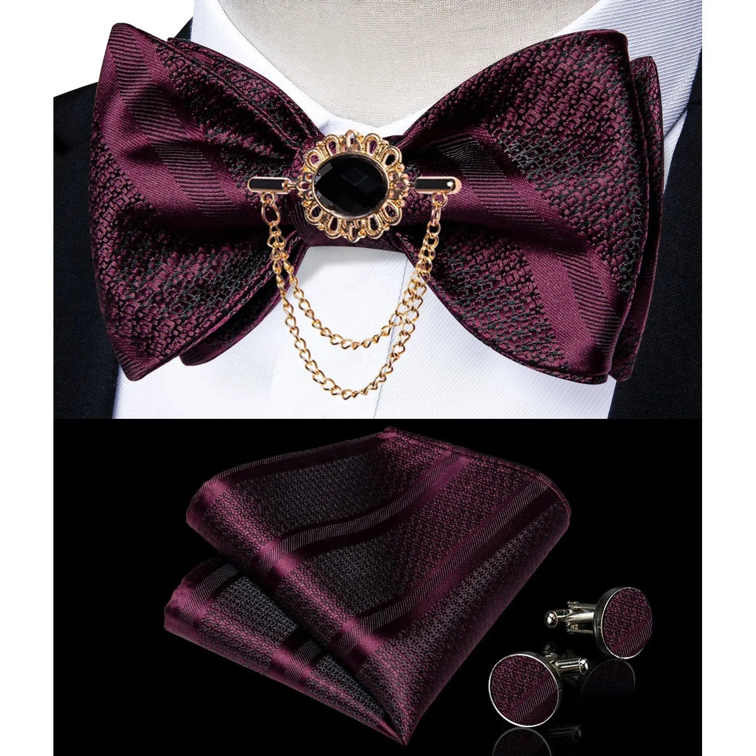Pink plaid silk self-tie bow tie set with brooch and hanky, featuring a stylish and elegant accessory for formal wear.