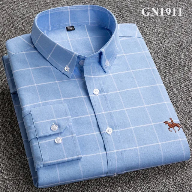 White men's casual cotton Oxford shirt with long sleeves, embroidery horse design, regular fit, fashion button closure
