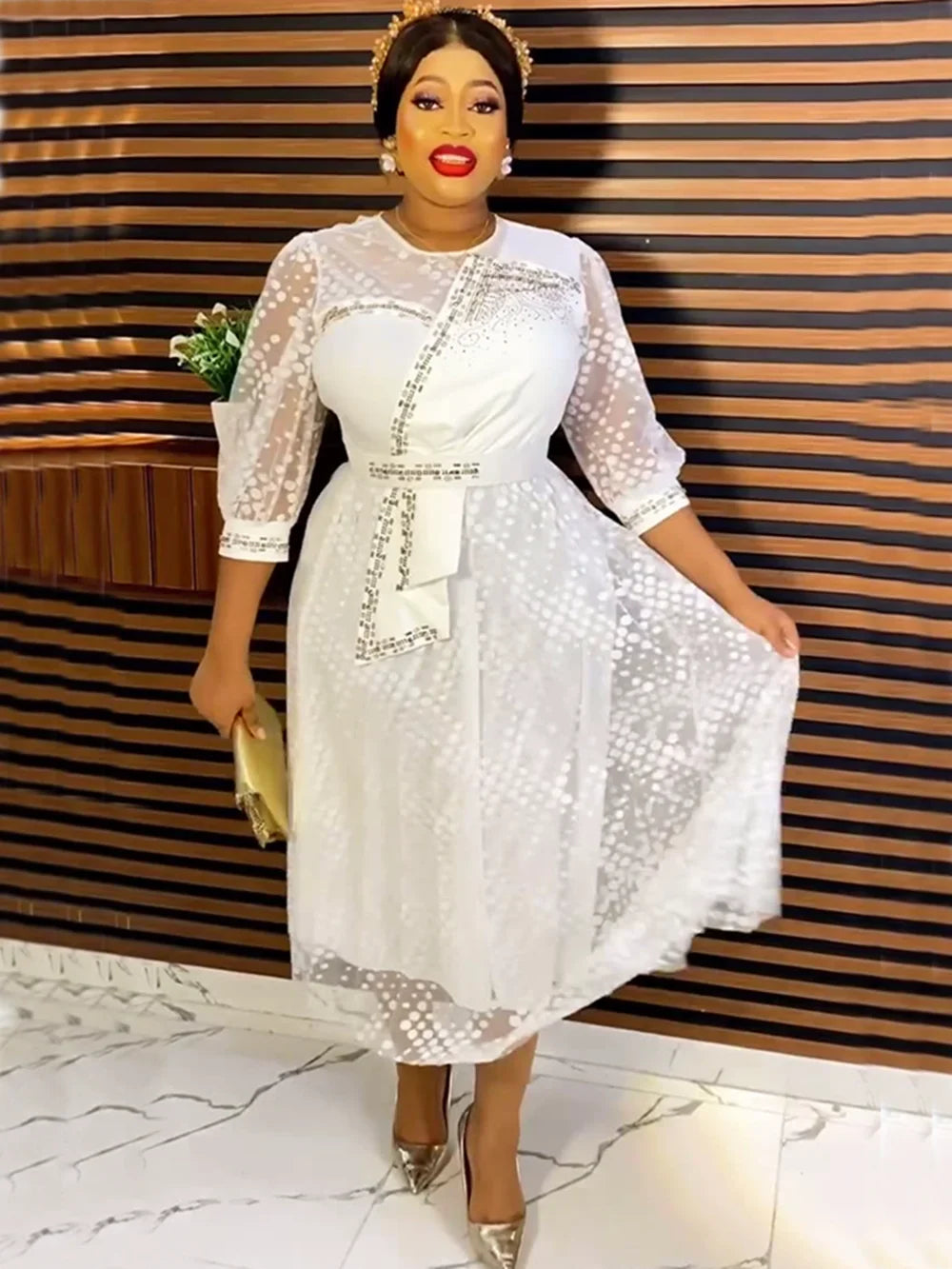 White lace African party dress for women, SHOWLU FASHION STORE dashiki gown with intricate lace details and traditional African design.