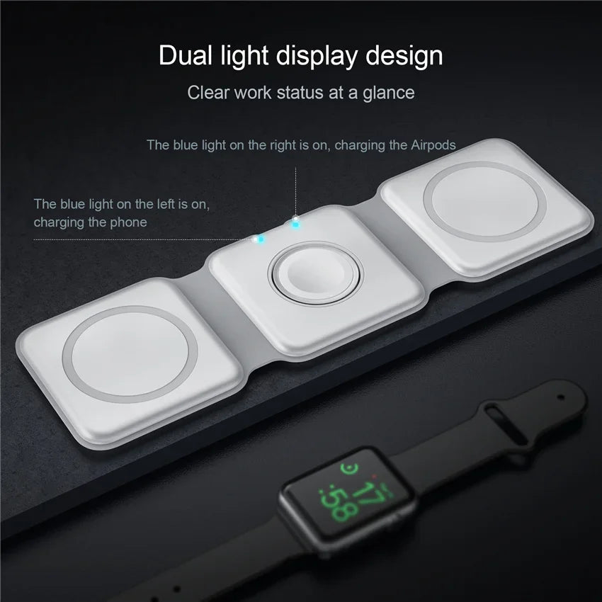 Showlu Smart General 3-in-1 wireless charging station with phone, smartwatch, and earbuds charging pads on sleek black surface.