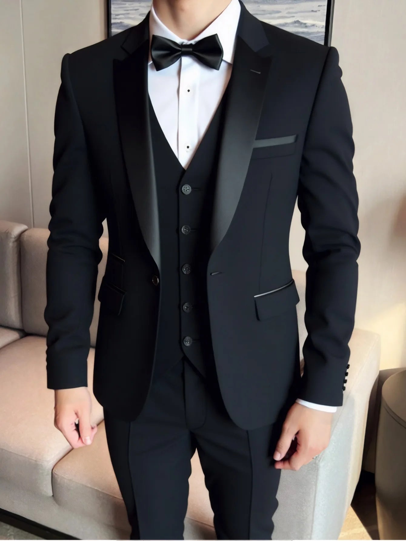 Men's 3-piece suit with jacket, vest, and trousers from Showlu Fashion, high-quality formal and wedding business attire.
