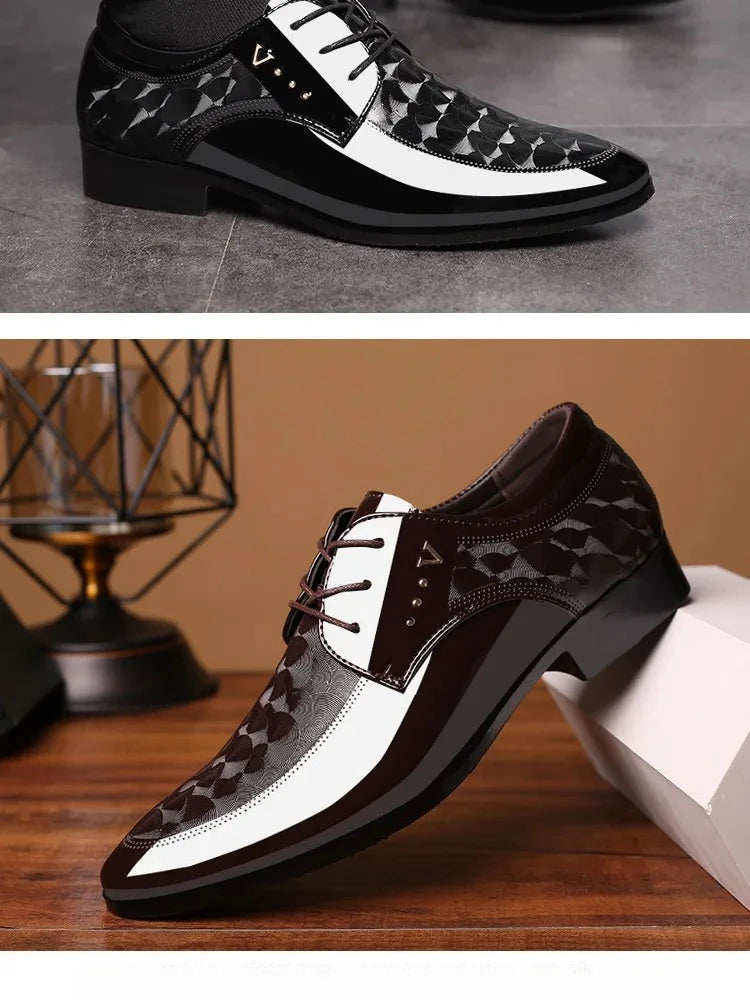 Men's high-end leather wedding and business casual shoes by Showlu Fashion, available in plus sizes 39-47, with polished leather finish.