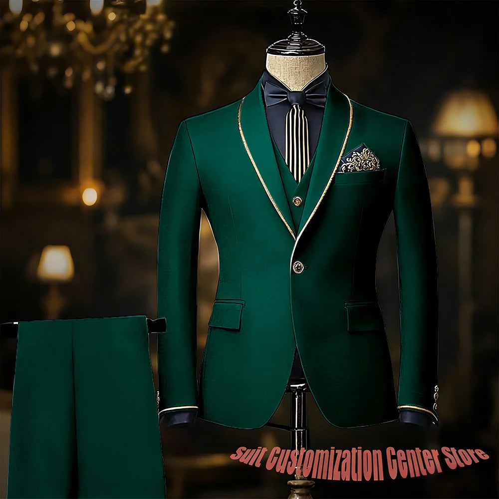 Navy blue men's suit set with jacket, vest, and pants featuring slim fit, single-breasted design, shawl lapel, ideal for weddings or prom.