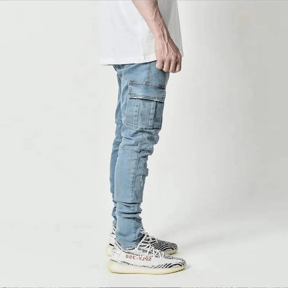 Men's denim cargo jeans by Showlu Fashion Store featuring slim fit, mid waist, multi pockets, solid wash, casual jogger style.