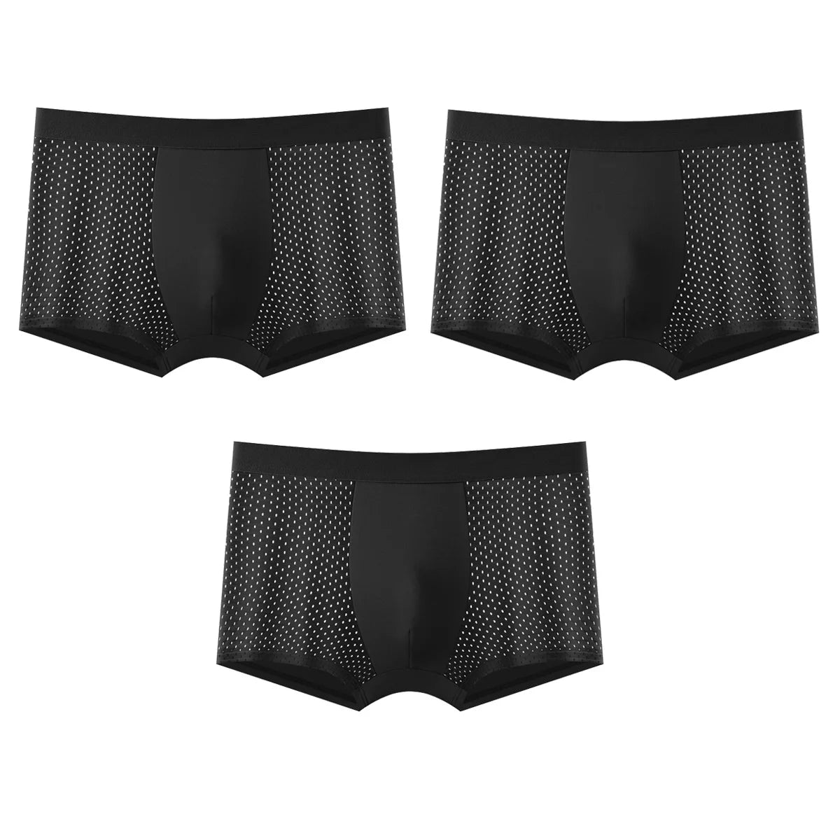 Showlu Men's Ice Silk Mesh Boxer Shorts in breathable fabric, displayed in a 3-pack set with comfortable, lightweight design.