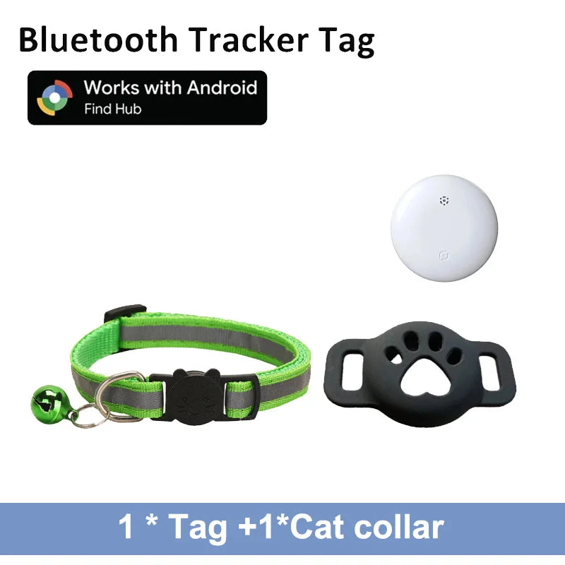 Leapii Bluetooth pet tracker for Android, mini GPS cat collar locator with Showlu Fashion branding, showing device with attached collar