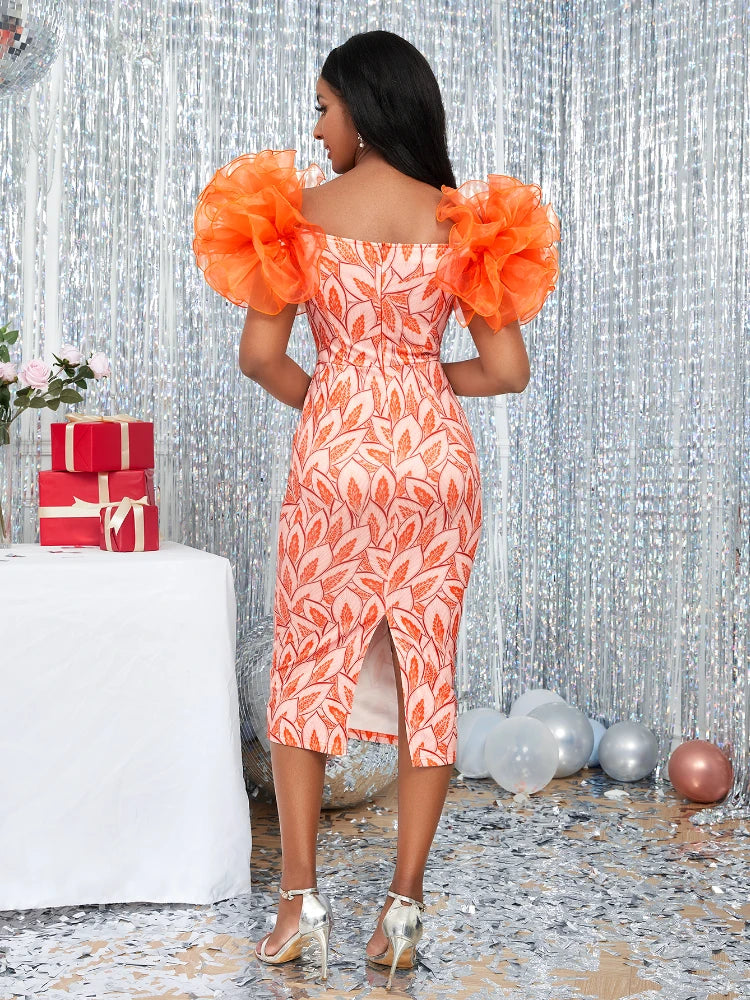 AOMEI women's tulle midi dress with flower print, retro puff sleeves, perfect for parties and special occasions.