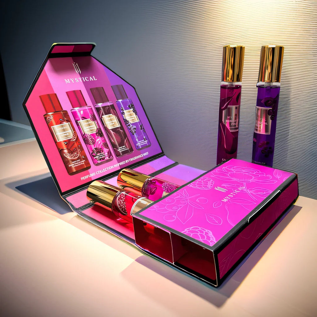Showlu Fashion Store MYSTICAL Fruity Fragrance perfume gift set with four travel-sized bottles in a colorful collection.