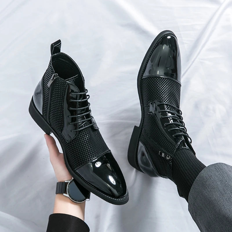 Showlu Fashion AXYG men's pointed toe ankle boots with patchwork patent leather, stylish and luxurious footwear.