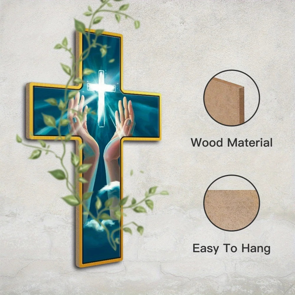 Rustic green wooden crucifix wall hanging from Showlu, 12-inch farmhouse cross with weathered finish for rustic decor.