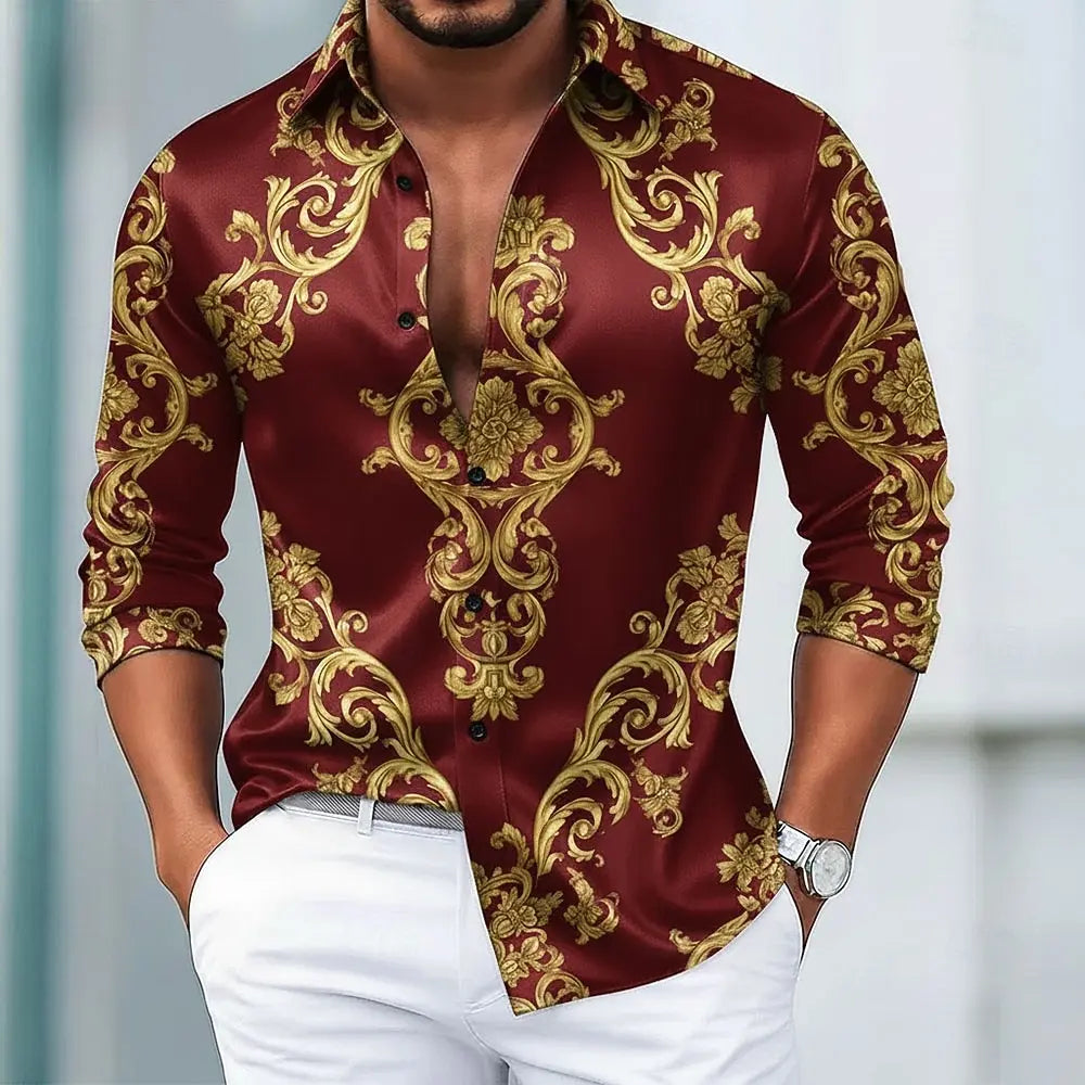 Men's long sleeve 3D vintage floral graphic shirt with European art print, modern streetwear style for autumn winter casual wear.