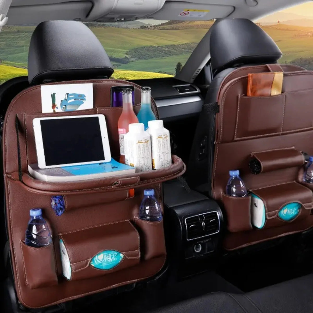 Showlu Smart General car seat organizer with tray, featuring multiple compartments and a built-in tray for easy car storage.