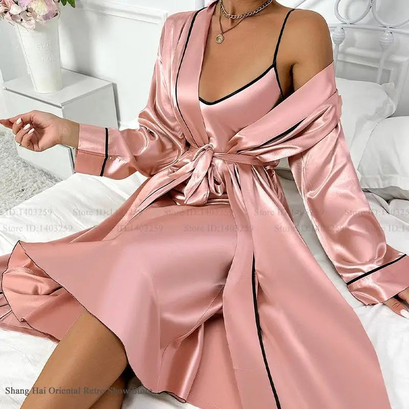 Silk satin long twinset robe and chemise nightgown for women, summer sleepwear, loose lounge wear, elegant lingerie in soft fabric