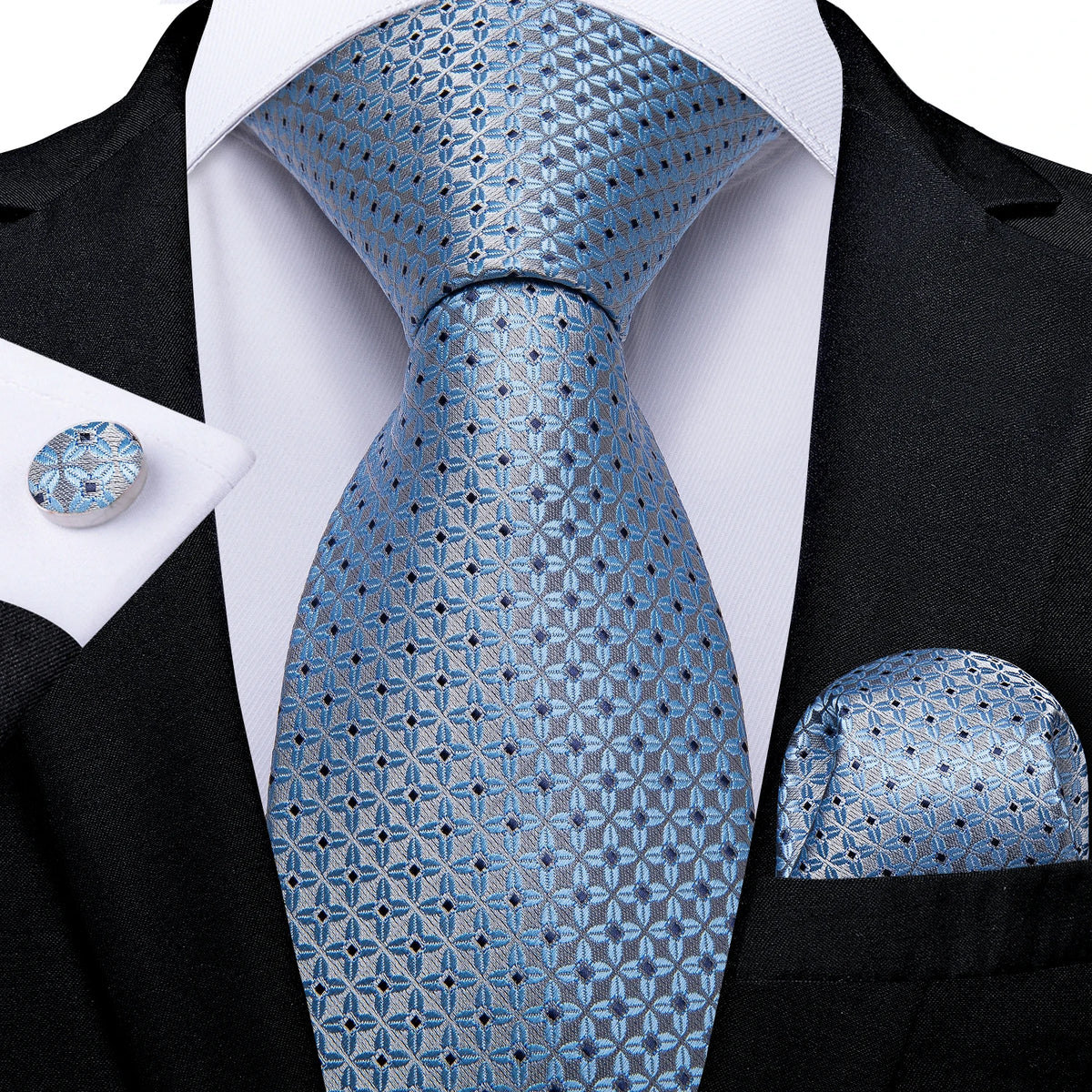 New Classic 100% Silk Men's Ties 8cm Blue Plaid Dot Striped Business Necktie Handkerchief Wedding Party Tie Set Gravatas DiBanGu