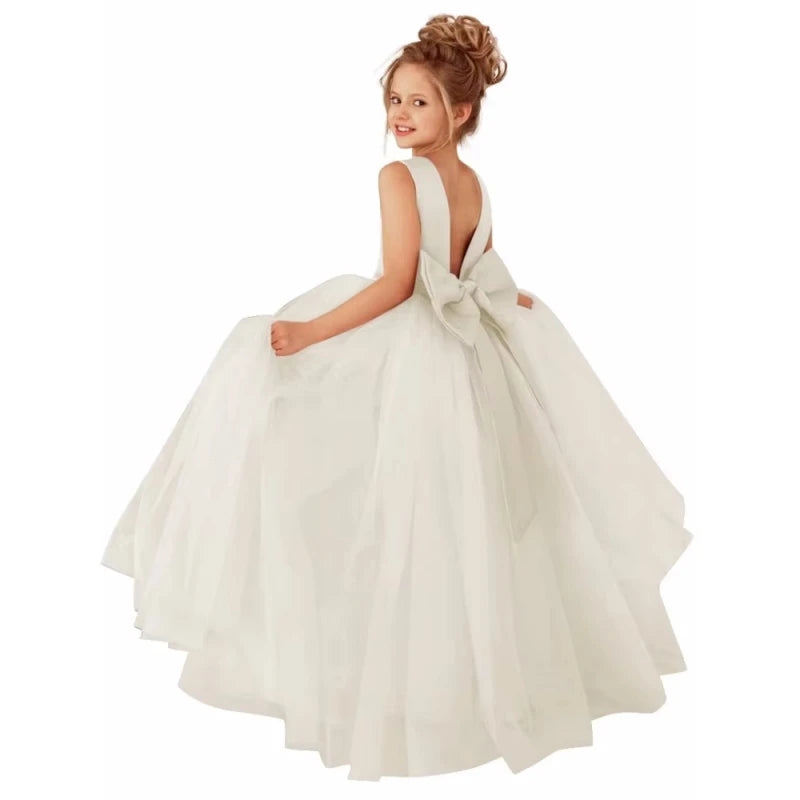 Dusty pink flower girl dress with pearl belt, ball gown style by Showlu Fashion Store, perfect for weddings.