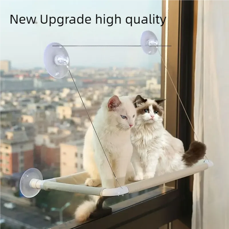 Showlu Smart General cat window hammock hanging on a window with a cozy cushion for feline relaxation.