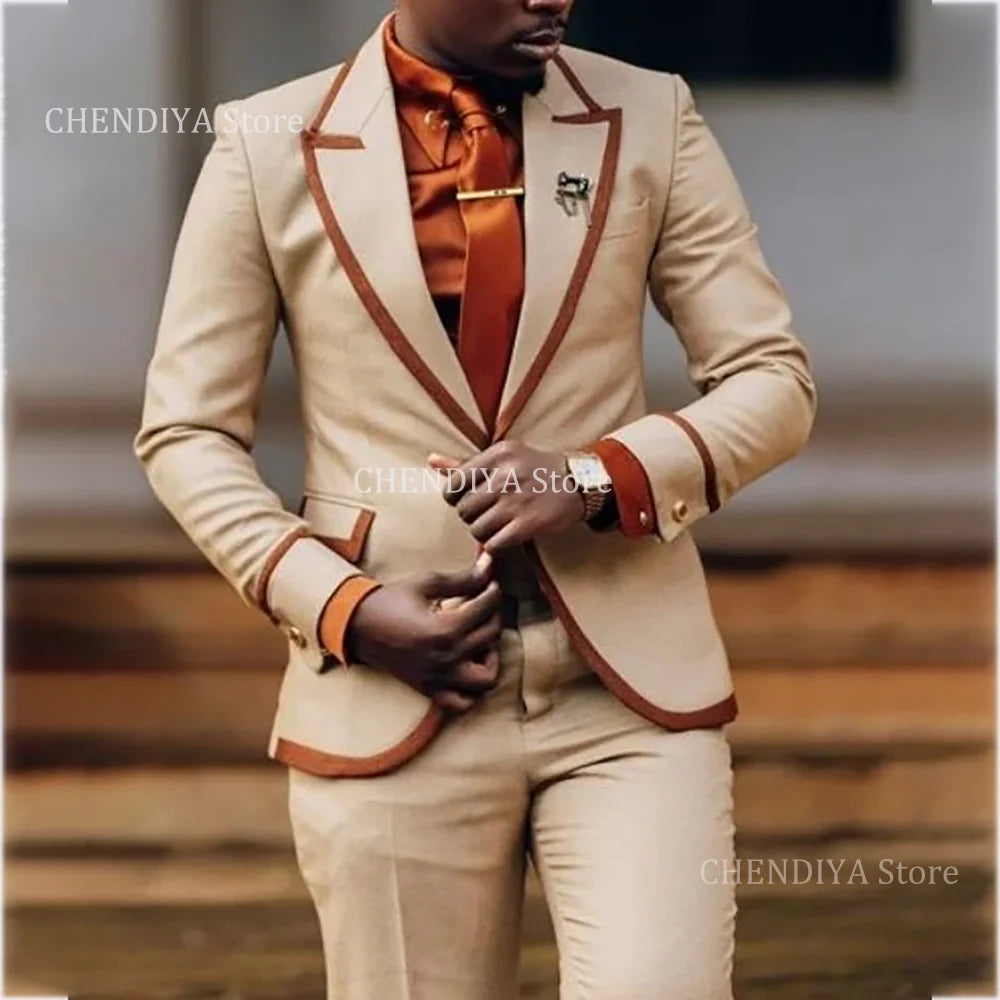Men's slim fit formal suit with jacket and pants, stylish evening party wear, custom-made business and casual outfit by Showlu Fashion.