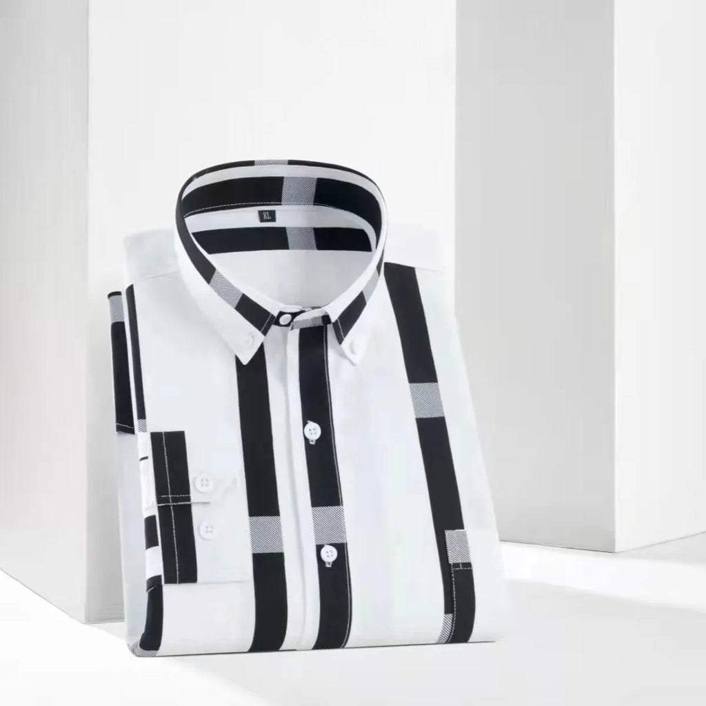 Men's printed long-sleeved striped shirt with chest pocket, slim fit, casual Korean fashion by Showlu.