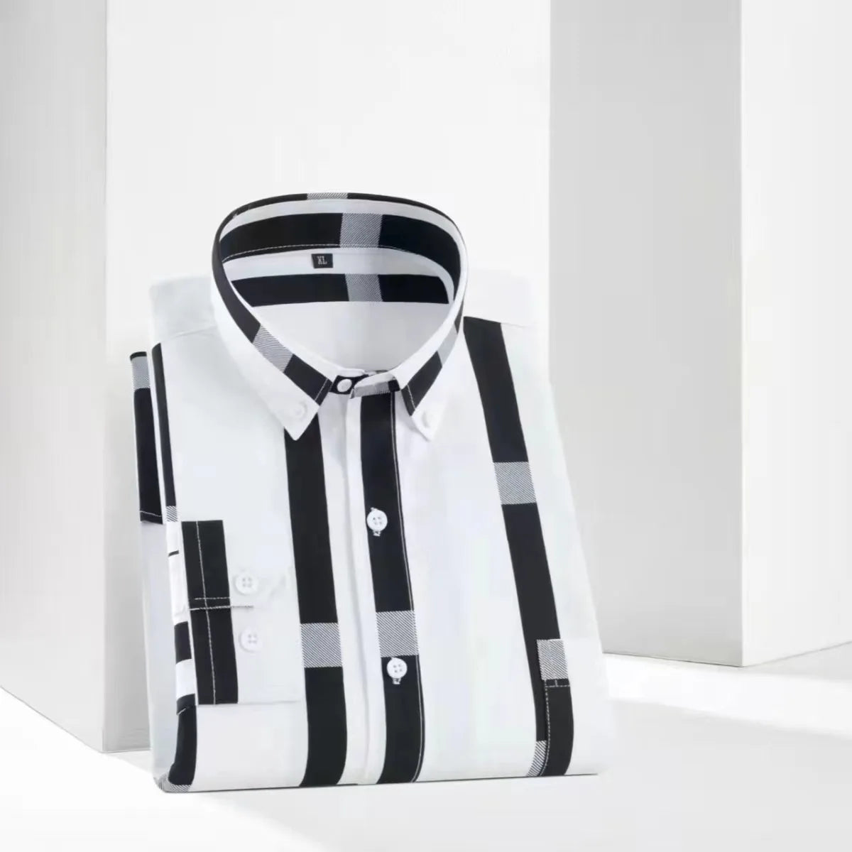 Men's printed long-sleeved striped shirt with chest pocket, slim fit, casual Korean fashion by Showlu.