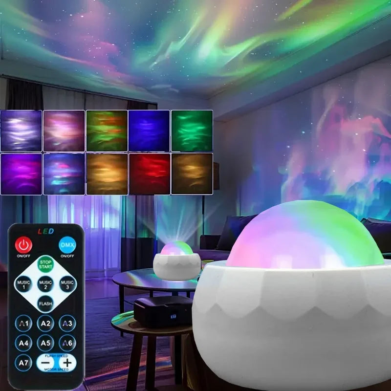 Showlu Smart General Aurora Borealis Projector displaying colorful northern lights pattern on a wall.