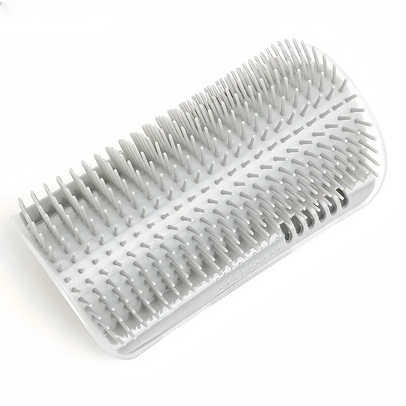 Cat wall corner grooming brush and scratcher for short and long fur, featuring soft massage bristles for gentle pet grooming.