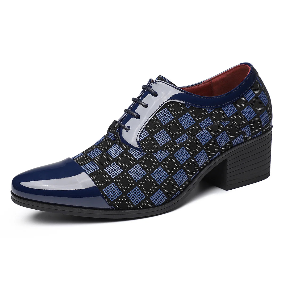 Men's British style checked leather dress shoes by Showlu Fashion Store, casual business shoes with classic design.