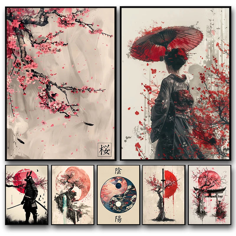 Japanese landscape art featuring samurai, geisha, bonsai, torii gate, sakura, and traditional scenery on canvas wall print for home decor.