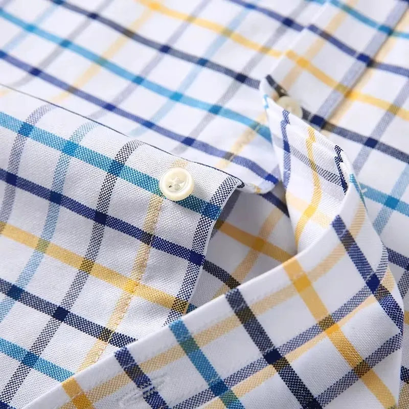 Men's long sleeve plaid Oxford shirt by Showlu Fashion, 100% pure cotton, red and striped checked design, 7XL size.