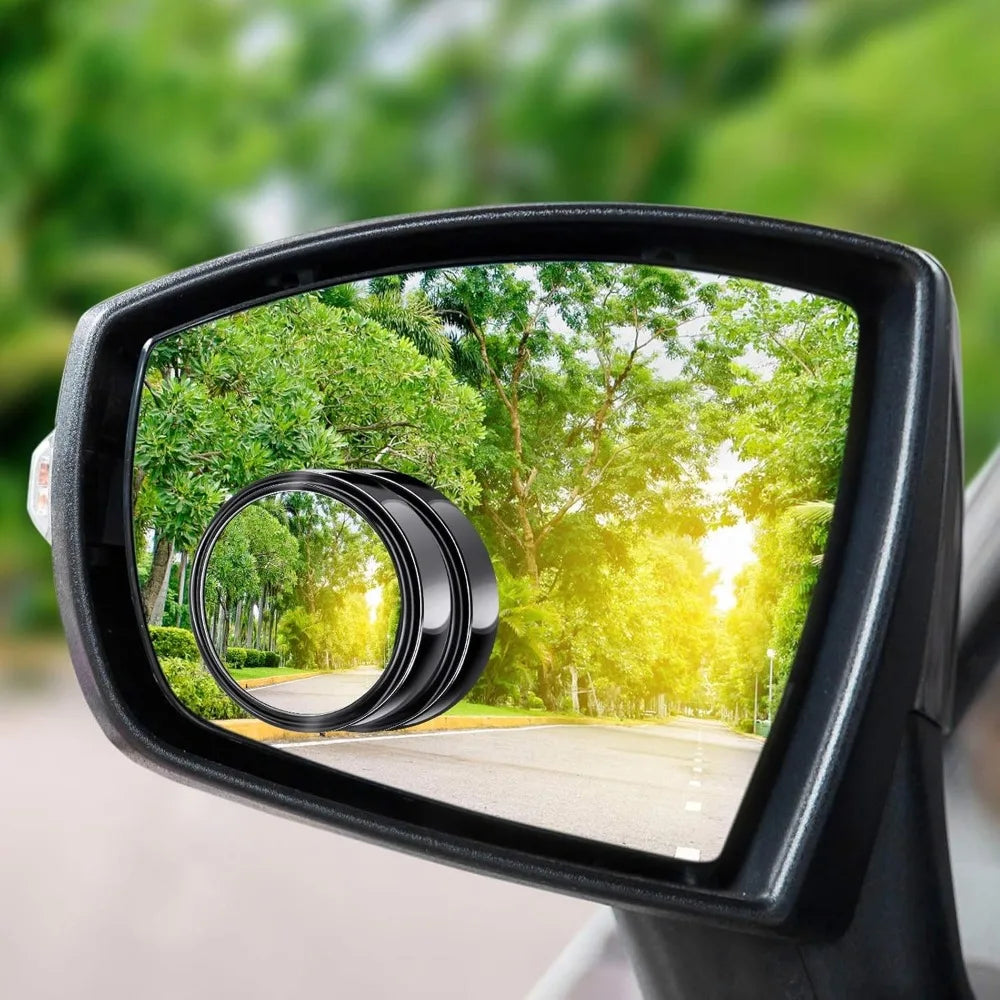 Showlu Smart General Car Blind Spot Mirror Pro showing a compact, round mirror attached to a vehicle side mirror for improved visibility.