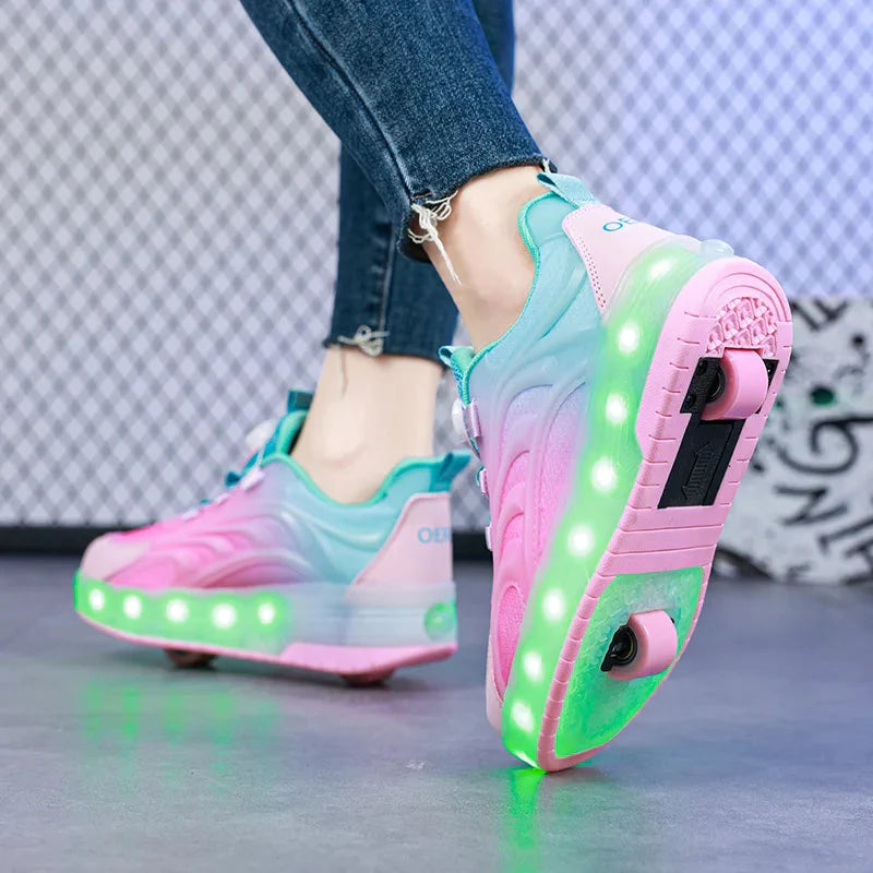 Showlu Kids LED roller skate shoes with luminous sneakers and USB charging, featuring colorful light-up soles and sporty design.