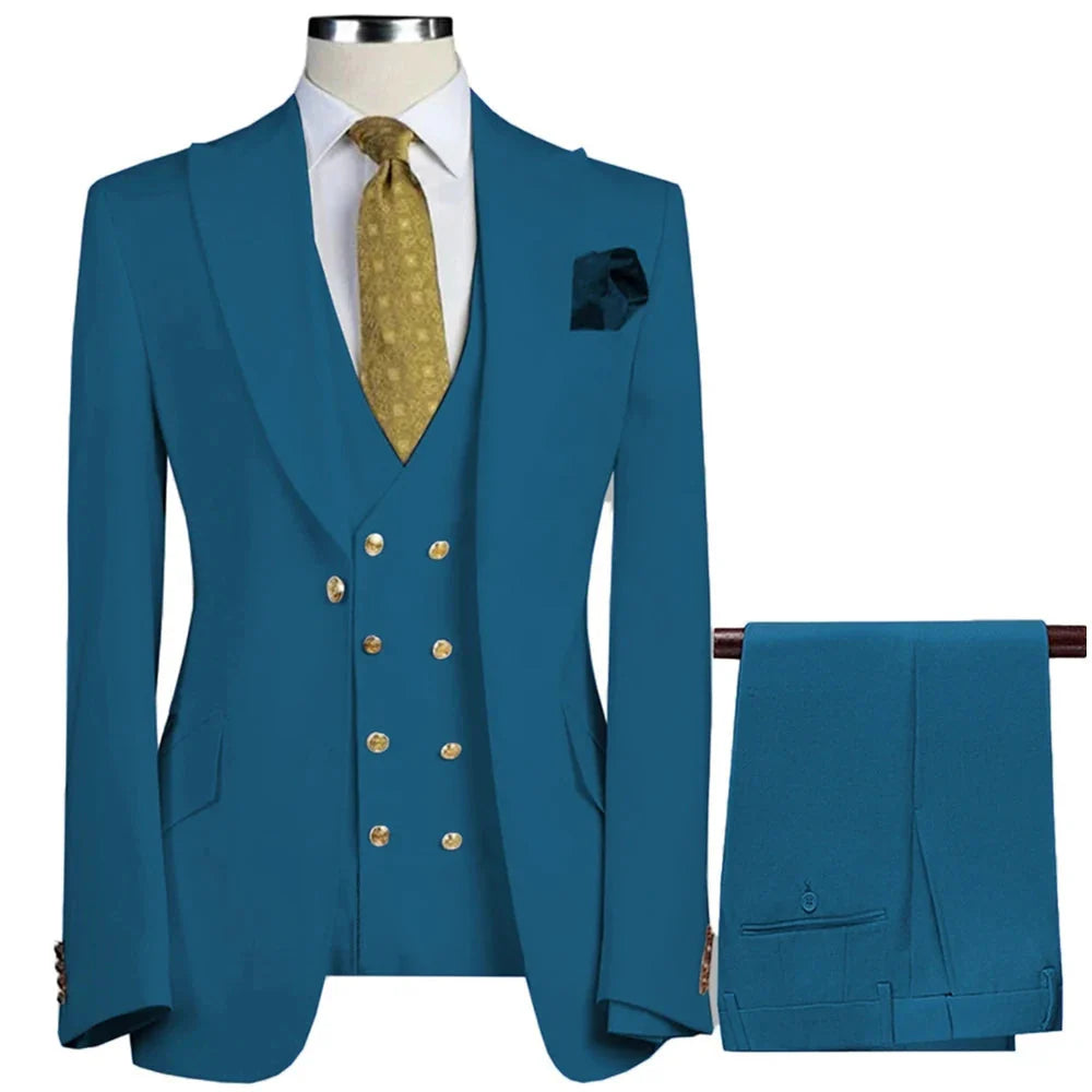 Men's 3-piece slim fit suit by SHOWLU FASHION STORE, wool blend tuxedo with tailored blazer, vest, and trousers, formal business attire.