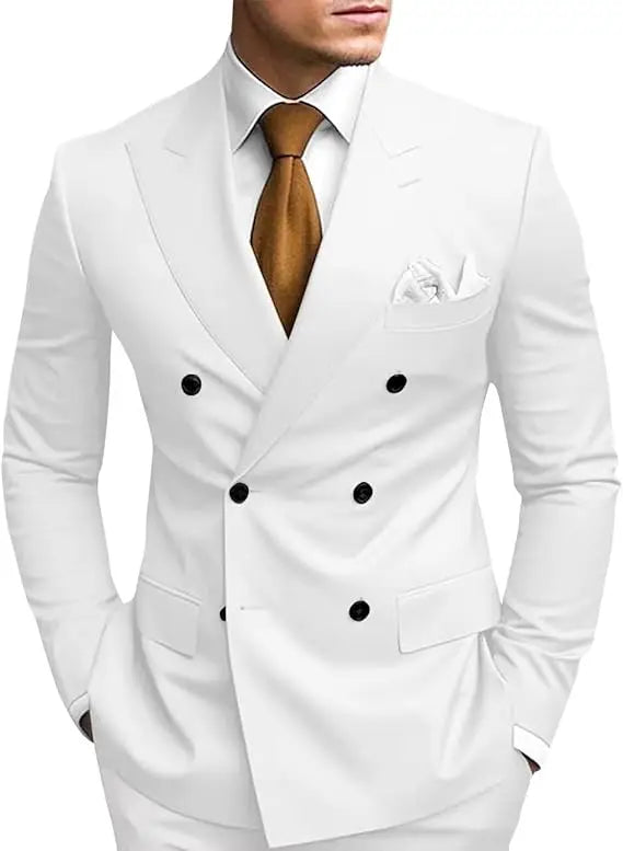 Men's double-breasted slim fit wool blend formal suit jacket by SHOWLU FASHION STORE, shown in dark color with notch lapel.