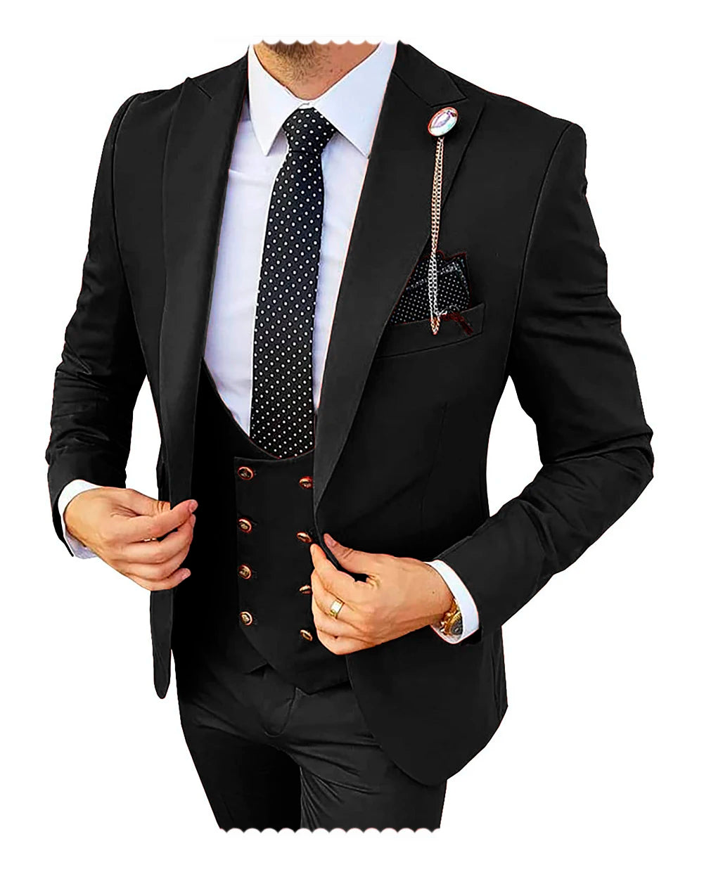 Formal men's 3-piece wedding suit by Showlu Fashion, includes blazer, vest, and pants in champagne slim fit for groom or business.