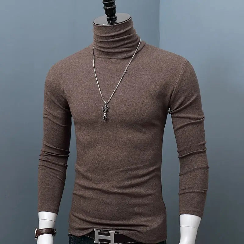 Dark red men's classic turtleneck T-shirt from Showlu Fashion Store, long sleeve, casual style, plus size, autumn winter wear.