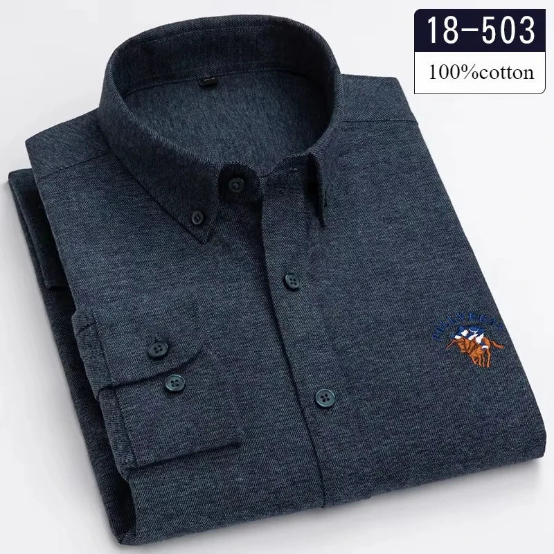 Men's slim fit long-sleeve formal shirt by Showlu Fashion, 100% cotton brushed fabric with plaid and striped casual design.