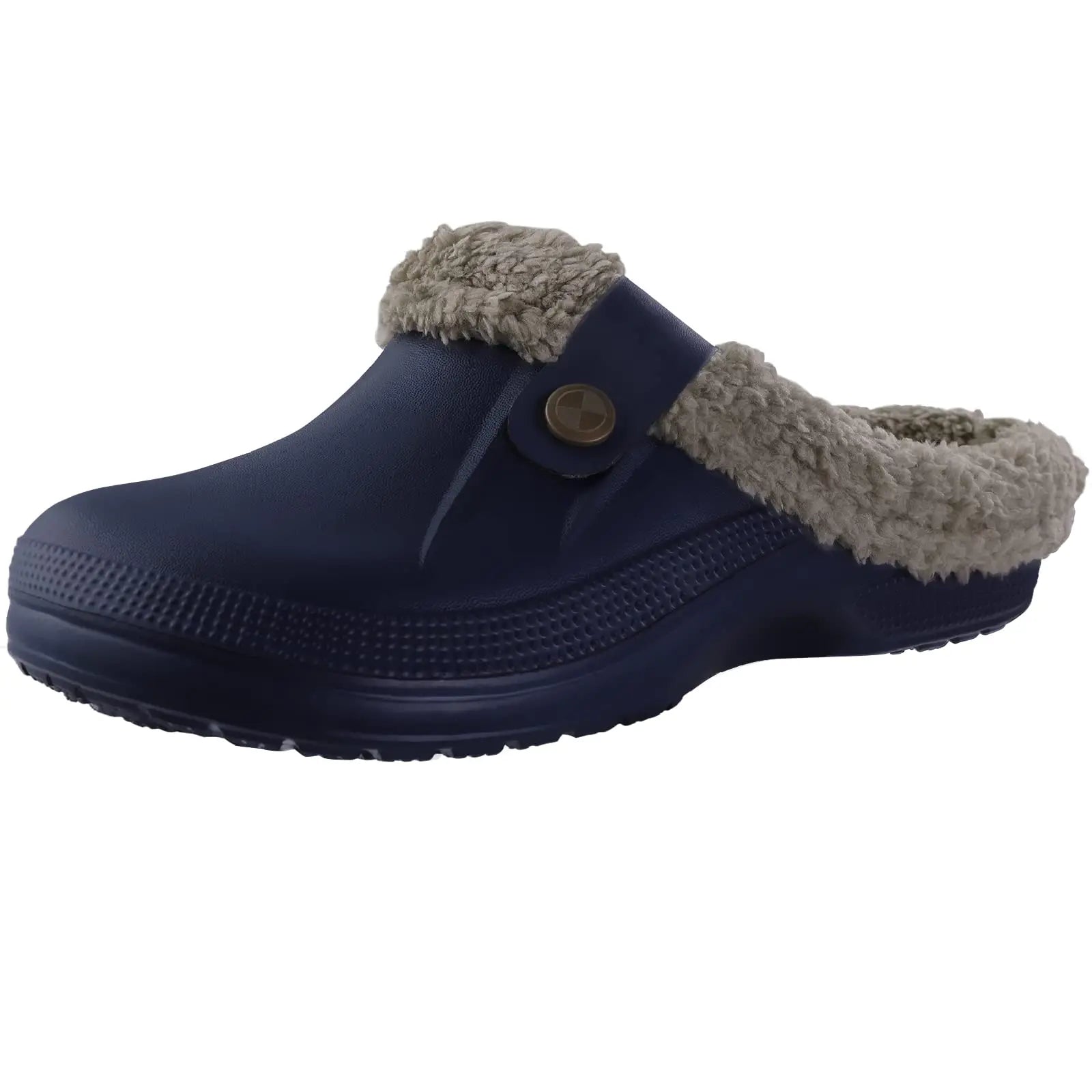 Showlu Fashion men's fuzzy waterproof slippers with warm fur lining and anti-slip soles, ideal for winter indoor and garden use.