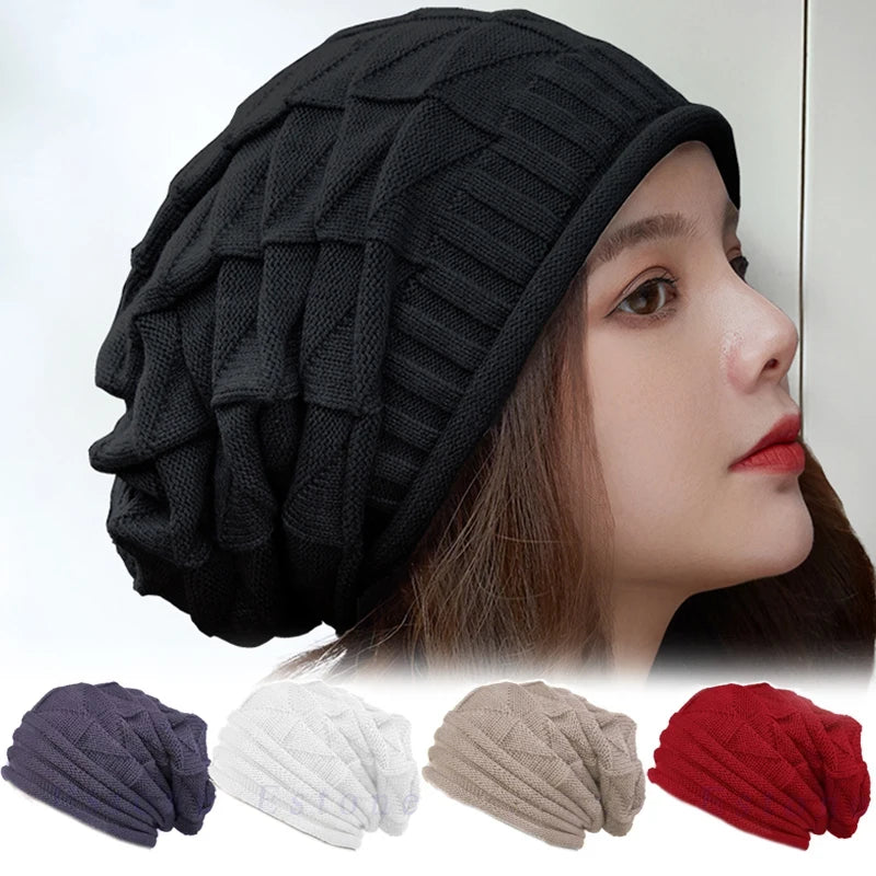 Winter knitted slouchy beanie hat for women, warm woolen cap with a cozy, casual style, ideal for outdoor snow skiing or cold weather.
