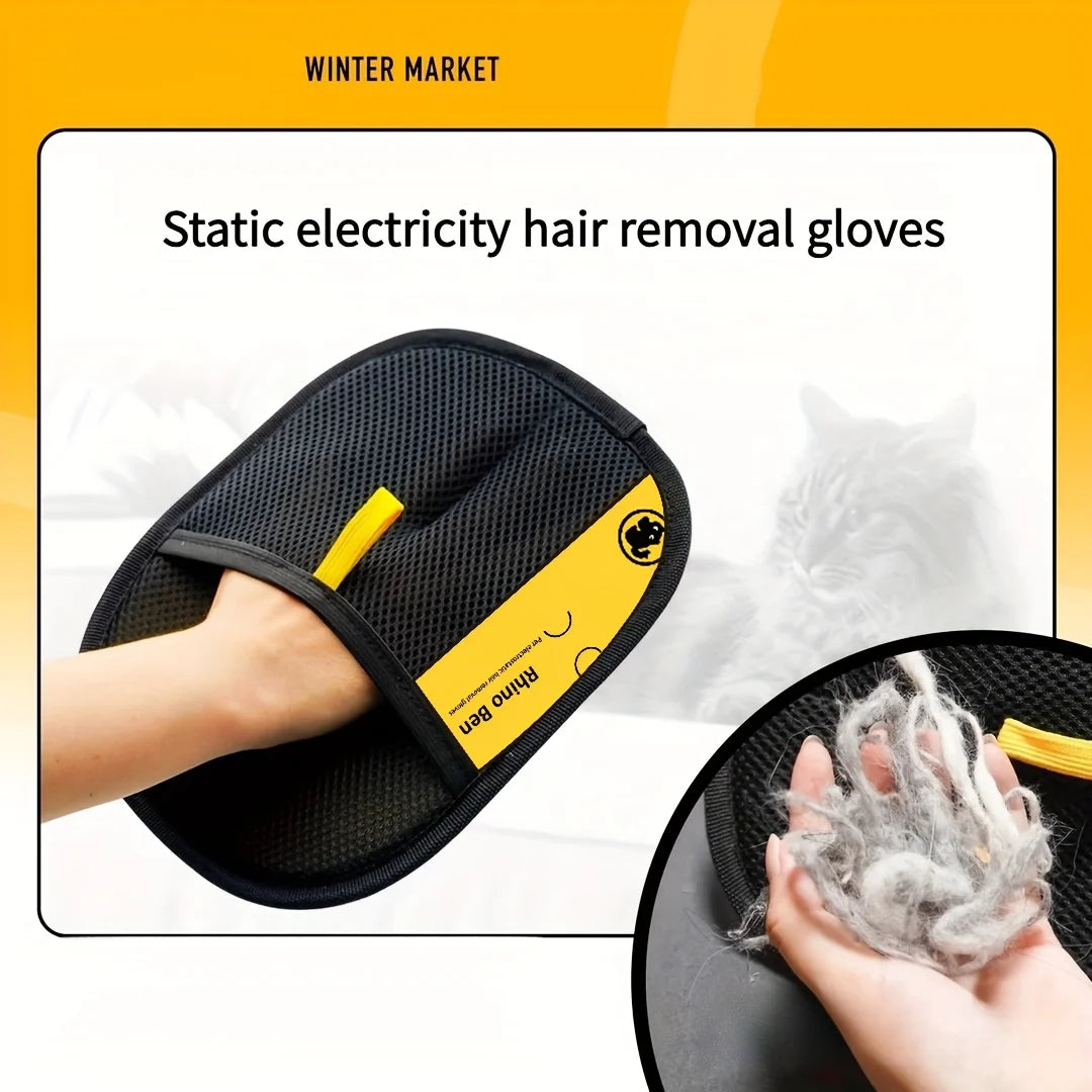 A black mesh pet hair removal glove with a yellow strap, shown in use with collected fur.