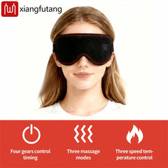 A woman wears a black heated eye massager with red stitching, featuring icons for timing, massage, and temperature settings below.