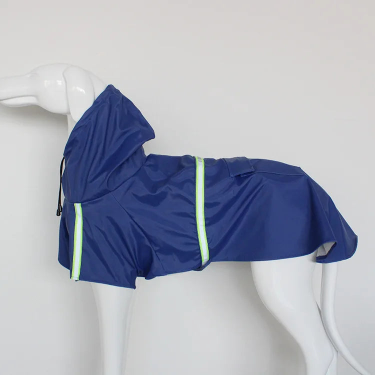 Large Showlu dog raincoat with reflective waterproof hood and pet cloak, designed for outdoor protection and visibility.