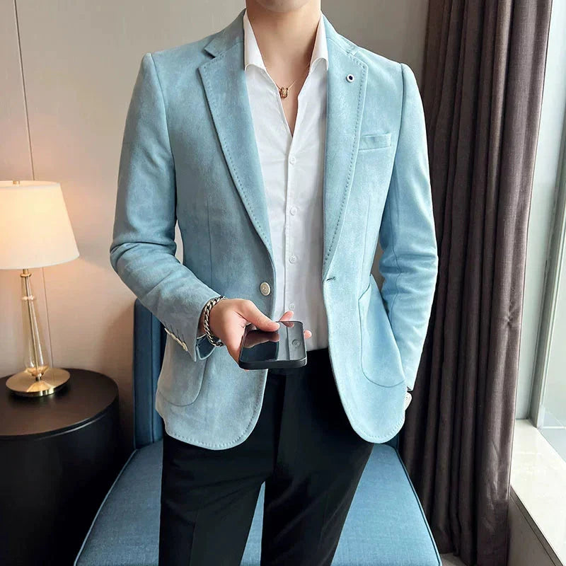 Men's slim fit deerskin velvet blazer by SHOWLU FASHION, luxury smart casual coat with tailored fit and soft velvet texture.