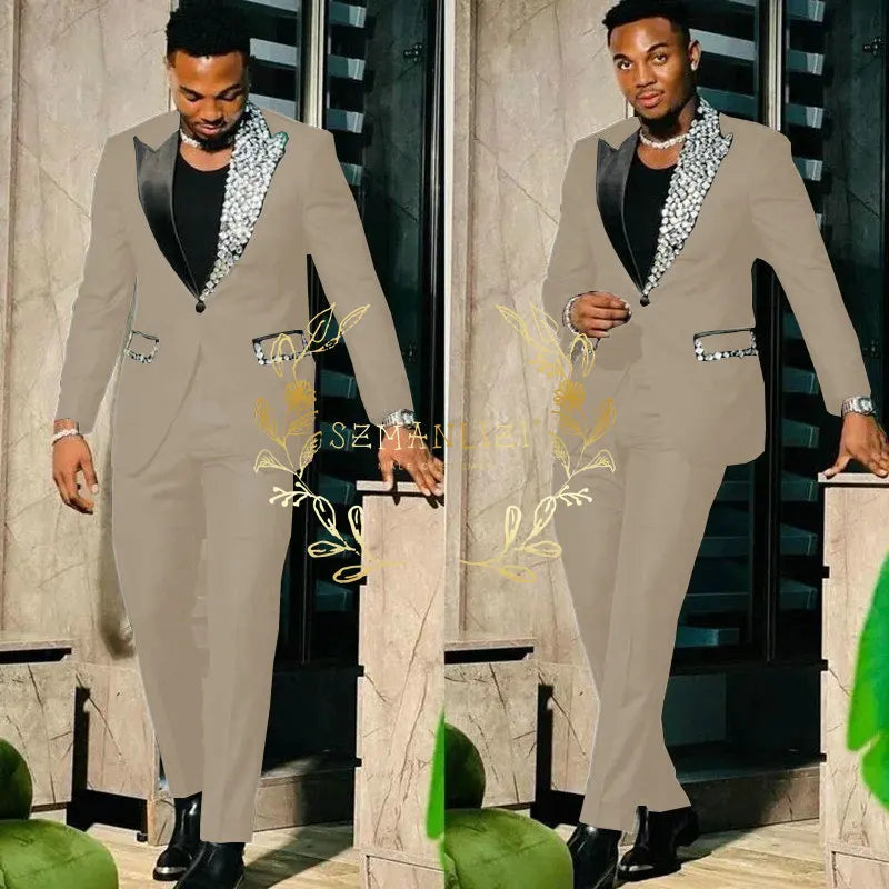 Black men's slim fit blazer and pants set with single breasted design, peak lapel, high-quality fabric for prom or party attire.